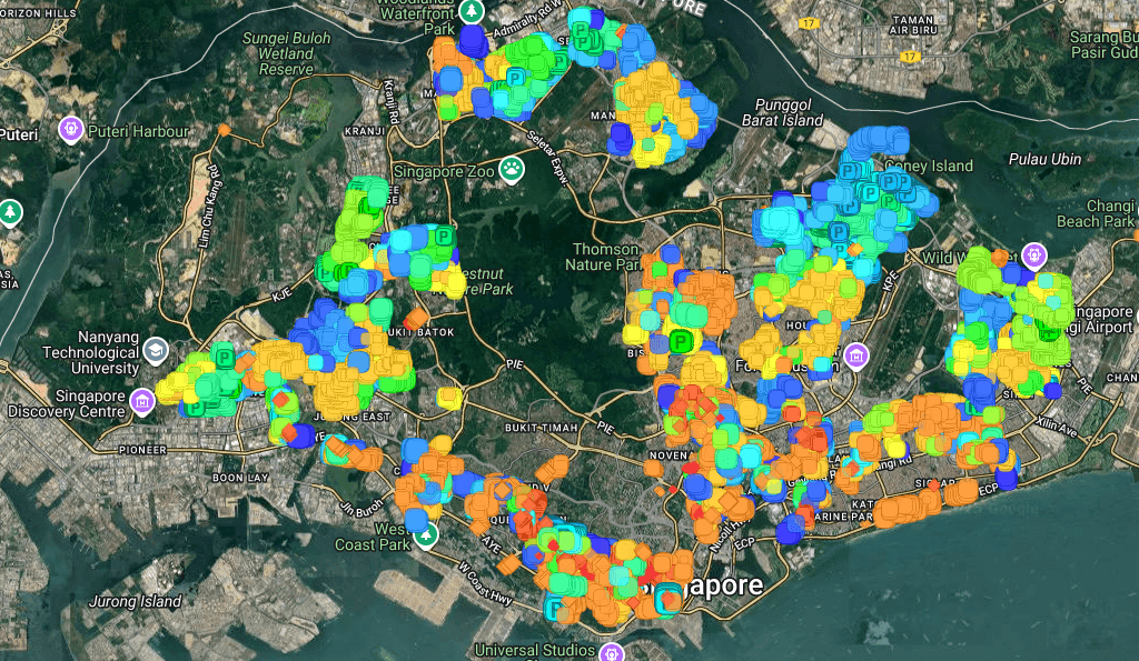 Clustered property markers across the whole of Singapore on Housingmap.sg